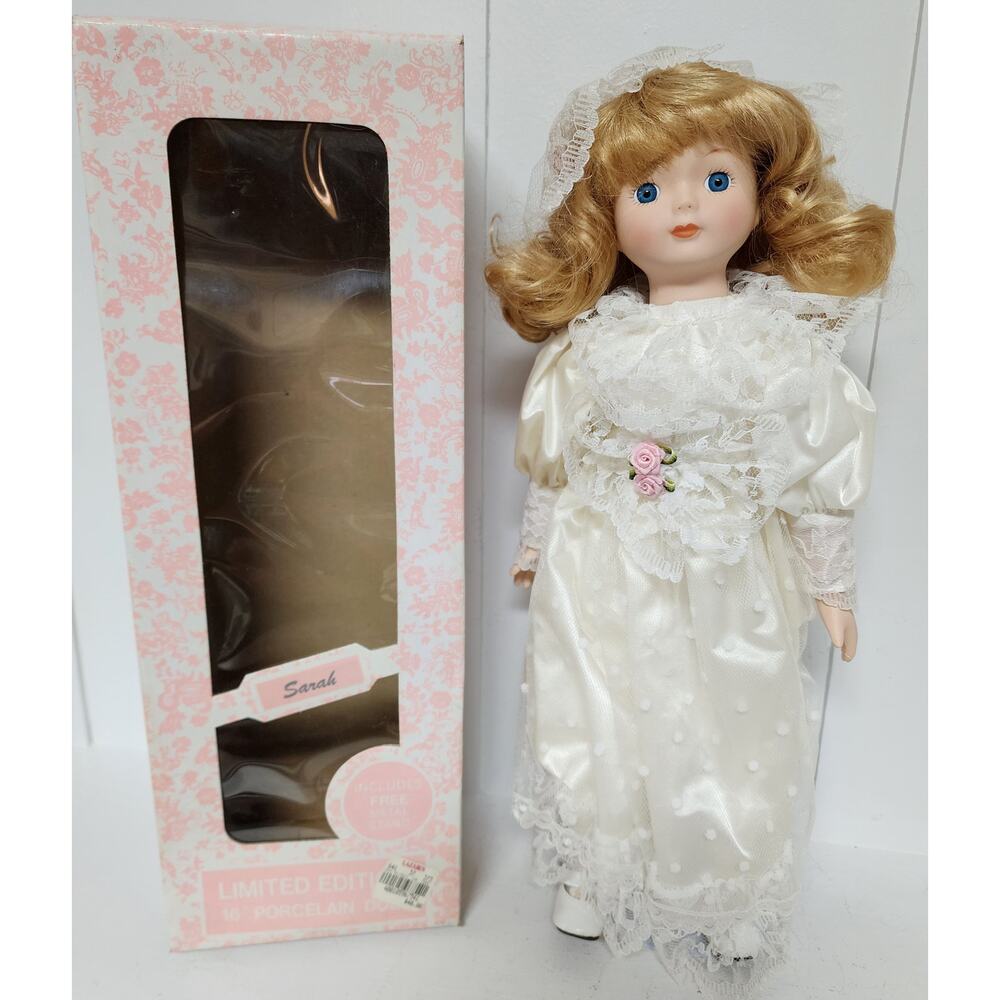 Vintage 16" Lazarus Porcelain Doll “Sarah” w/ Stand & Box – Bridal Gown